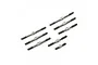 A set of eight silver-colored metal RC turnbuckles of varying lengths arranged on a plain white background.