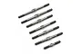 A set of seven silver-coloured metal turnbuckles of varying lengths arranged diagonally on a white background.