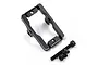 A black aluminium RC servo mount with three included black screws on a white background.