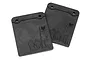 Two black rubber HPI Racing mud flaps for RC cars, featuring a molded HPI flag logo and silhouette design.