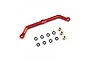 A red anodized aluminium steering link for an RC car, accompanied by eight small black rubber O-rings and three brass bushings on a white background.
