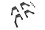 A set of four black aluminium shock mounts for RC cars by Yeah Racing, featuring machined details and small spacers on a white background.