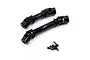 Two black steel RC centre driveshafts with universal joints and a small set of screws on a white background.