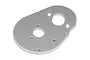 A silver-coloured aluminium motor plate for an RC car, featuring a brushed metal finish and multiple mounting holes.
