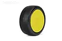 A single Jetko Lesnar 1/8 scale RC buggy tyre mounted on a bright yellow dish rim, shown against a white background.