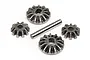 HPI Racing differential bevel gear set including four metal gears and one metal cross shaft on a white background.