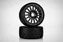 Two Jetko 1/8 scale Hot Dot belted buggy tyres mounted on black Radia rims, stacked against a white background.