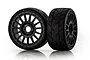 Two Jetko 1/8 scale Vertex ultra soft belted tyres mounted on black Radia rims, shown against a white background with reflections.