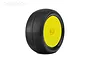 A single Jetko 1/8 scale Lesnar buggy tyre mounted on a bright yellow dish rim against a white background.