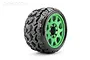 A single Jetko Tomahawk SGT belted RC tyre mounted on a bright green multi-spoke wheel against a white background.