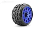 A single Jetko Tomahawk SGT belted RC tyre mounted on a blue metallic multi-spoke wheel against a white background.