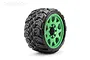A single Jetko 3.6 inch King Cobra SGT belted RC tyre mounted on a bright green multi-spoke metal wheel against a white background.