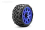 A single Jetko 3.6 inch King Cobra SGT belted RC tyre mounted on a blue metal Claw rim against a white background.
