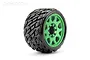 A single Jetko 3.6 inch Rockform SGT belted RC tyre mounted on a bright green metal Claw rim against a white background.