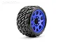 A single Jetko 3.6 inch Rockform SGT belted RC tyre mounted on a blue metal Claw rim, isolated on a white background.