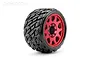 A single Jetko 3.6 inch Rockform SGT belted RC tyre mounted on a red metal Claw rim against a white background.