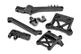 A set of black plastic RC car body mounts and chassis braces from HPI Racing, arranged on a white background.