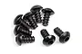 A cluster of eight black metal button head screws with coarse threads, viewed from various angles on a white background.