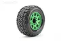 A single Jetko Rockform MT belted RC monster truck tyre mounted on a bright green metal Claw rim against a white background.