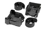 HPI Racing battery mount set including two black plastic battery trays and two black hook-and-loop velcro straps on a white background.