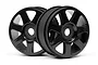 Two black HPI V7 RC buggy rims shown from a front-facing angle against a white background.