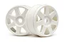 Two white HPI Racing V7 RC buggy wheels shown from a front-facing angle against a white background.