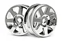 A pair of HPI Racing 3.3 inch V7 chrome-plated RC buggy wheels against a white background.