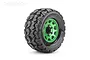 A single Jetko 2.8 inch Tomahawk MT monster truck tyre mounted on a metallic green Claw rim against a white background.