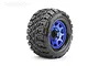 A single Jetko King Cobra 2.8 inch monster truck tyre mounted on a blue metallic Claw rim, isolated on a white background.