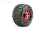 A single Jetko 2.8 inch King Cobra MT monster truck tire mounted on a red metallic multi-spoke wheel against a white background.