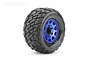 A single Jetko 2.8 inch Rockform MT tyre mounted on a blue metallic claw-style RC wheel against a white background.