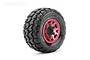 A single Jetko Tomahawk SC short course RC tyre mounted on a metallic red Claw rim, isolated on a white background.