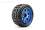 A single Jetko 5.3 inch Tomahawk XMT belted RC tyre mounted on a blue metal Claw rim, shown against a white background.