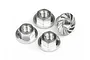 Four silver 4mm flanged serrated nuts for RC cars arranged on a white background.