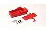 Kyosho red radio box set including a main plastic housing, lid, metal hardware, and screws on a white background.