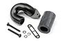 HPI Racing exhaust header set including a black curved header, rubber coupler, gasket, two screws, and three washers on a white background.