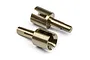 Two metallic gold-coloured RC differential outdrives shown from a high angle against a white background.