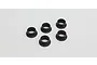 Five black rubber muffler gaskets arranged on a plain white background.