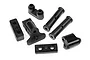 A set of black plastic RC servo mounting components including spacers, posts, and brackets on a white background.