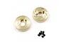 Two brass-coloured circular RC axle weights with Yeah Racing logo and four small black screws on a white background.