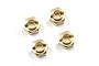 Four gold-coloured brass wheel hex adapters for RC cars arranged on a white background.