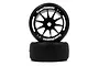 Two Team Powers 1/10 scale F1 rubber front tyres with black multi-spoke wheels against a white background.