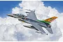 An illustration of an F-16C Fighting Falcon jet in flight against a cloudy blue sky, featuring Ohio Air Guard markings and a colorful tail.