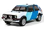 A Tamiya 1/10 scale RC Volkswagen Golf MK2 GTI rally car model with a blue and white livery, featuring rally lights and off-road tires.