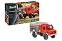 Revell 1/24 scale Mercedes-Benz Unimog U 1300 TLF 8/18 fire truck model kit box and assembled model.