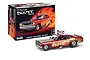 A Revell 1/24 scale 1970 Plymouth Duster Funny Car model kit box and the assembled model car featuring a red paint job with yellow flame decals.