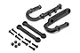 HPI Baja 5SC Mud Flap Mount Set including two black plastic mounts, two support bars, and various screws and nuts on a white background.