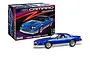 A Revell 1/24 scale 1985 Chevy Camaro Z28 plastic model kit box next to a fully assembled and painted blue model car.