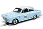 Scalextric 1/32 scale Ford Lotus Cortina slot car in light blue and white livery with number 777 on the hood and doors.