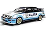 Scalextric 1/32 scale Ford Sierra RS500 slot car in Kaliber livery with number 22, featuring gold mesh wheels and detailed racing decals.